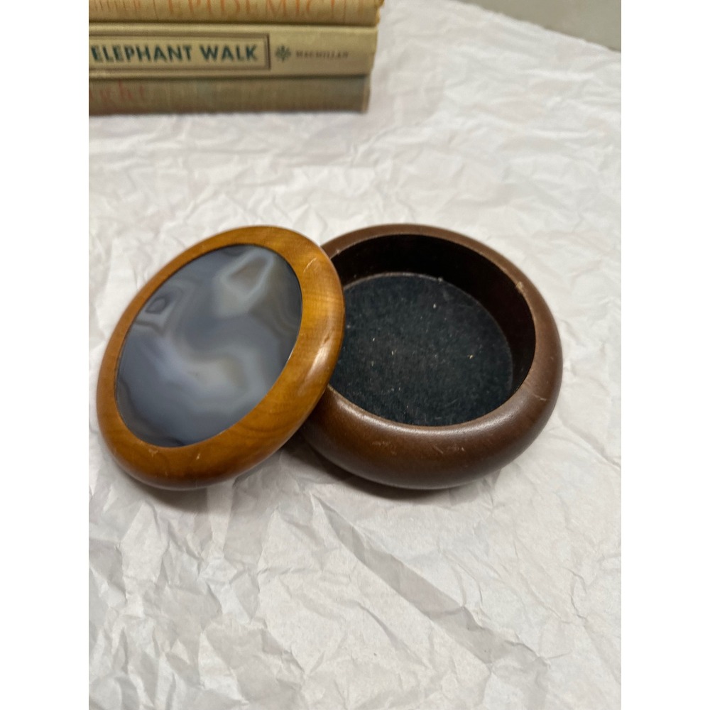 Vintage Brazil Wooden Trinket Box Polished Agate Inlay Lid Round Jewelry Case